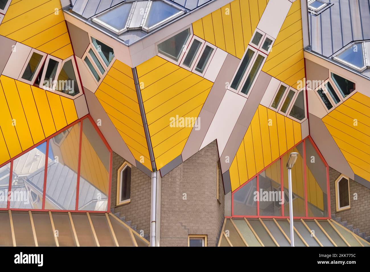 Holland, Rotterdam, The Cube Houses, an innovative housing development where each house is a cube tilted over by 45 degrees, designed by Dutch architect Piet Blom and bult between 1977 and 1984, Abstract patterns in the central area. Stock Photo