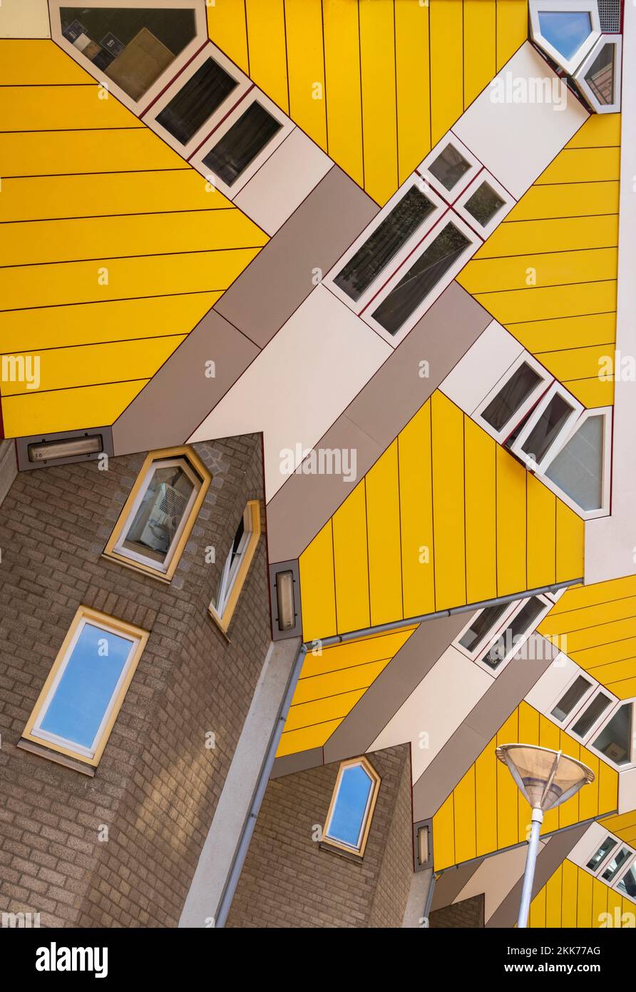 Holland, Rotterdam, The Cube Houses, an innovative housing development where each house is a cube tilted over by 45 degrees, designed by Dutch architect Piet Blom and bult between 1977 and 1984, Abstract patterns in the central area. Stock Photo