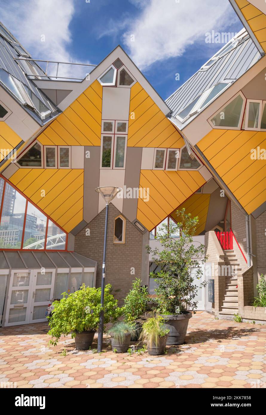 Holland, Rotterdam, The Cube Houses, an innovative housing development where each house is a cube tilted over by 45 degrees, designed by Dutch architect Piet Blom and bult between 1977 and 1984, a typical cube house in the landscaped central courtyard. Stock Photo