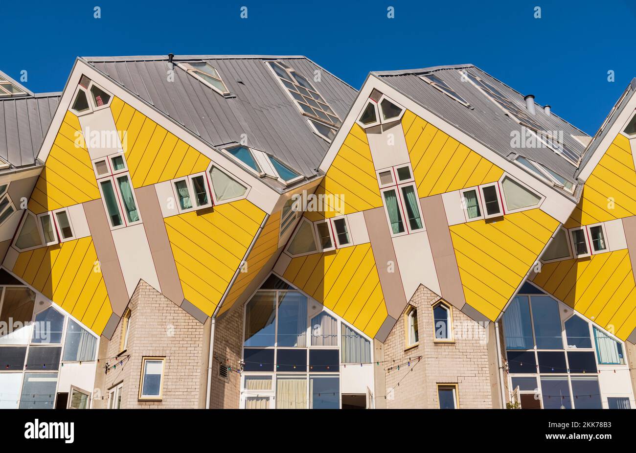 Holland, Rotterdam, The Cube Houses, an innovative housing development where each house is a cube tilted over by 45 degrees, designed by Dutch architect Piet Blom and bult between 1977 and 1984. Stock Photo