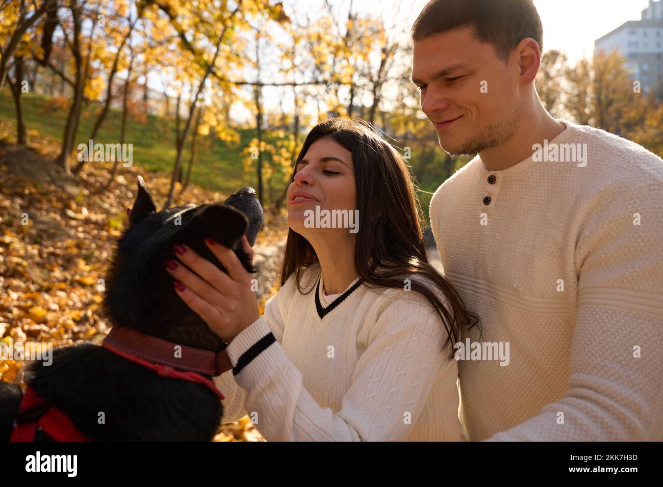 Young cheerful couple walking their dog in the park Stock Photo