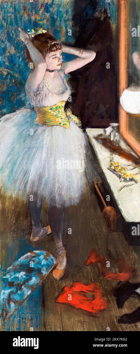 Degas. Painting entitled 'Dancer in Her Dressing Room (Danseuse dans sa loge)' by Edgar Degas (1834-1917), pastel and peinture à l'essence on canvas, c. 1879 Stock Photo