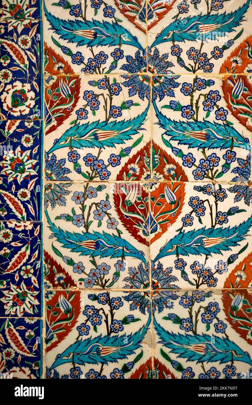 Seamless pattern white Turkish tiles with blue ornaments. Old surface texture, wall in mosque Stock Photo