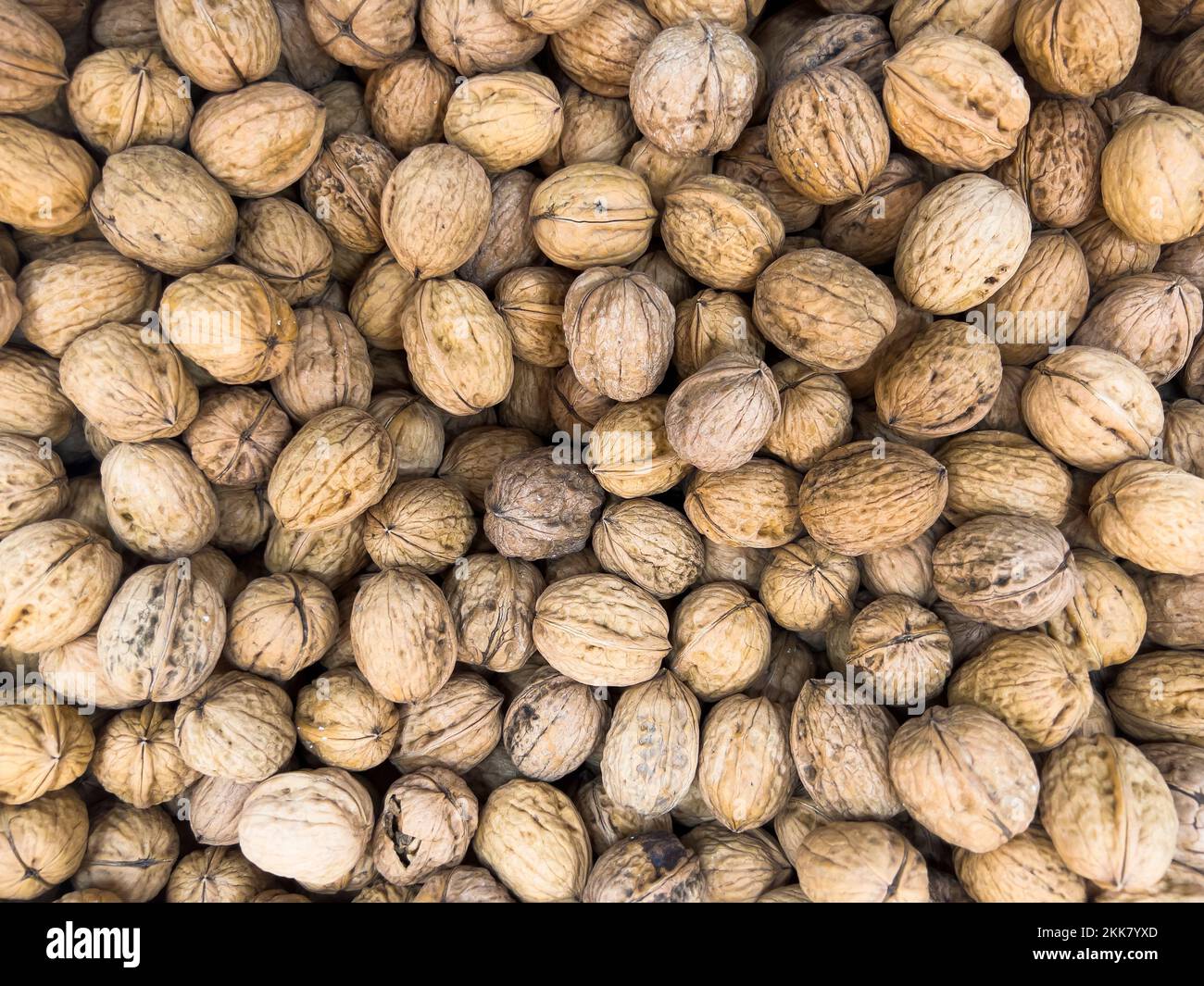 Top view of various walnuts in shells placed together in market as background Stock Photo