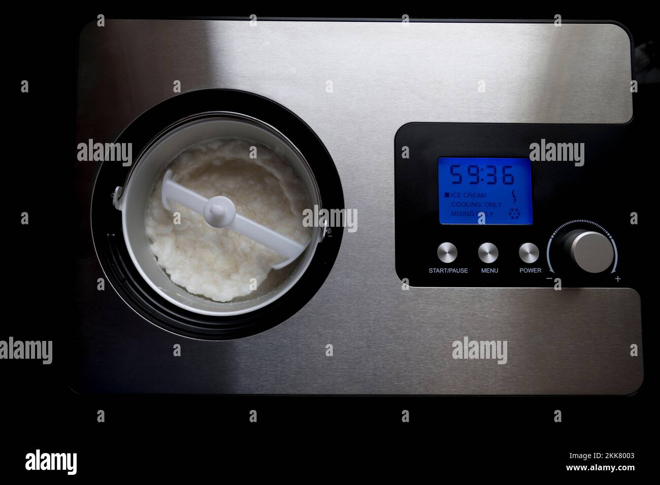 Top view of Ice Cream and Sorbet Maker with vanilla ice cream and the