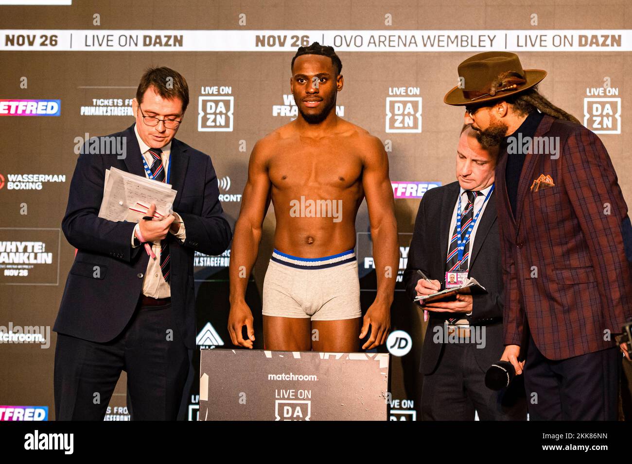 LONDON, UNITED KINGDOM. 25th Nov, 2022. Gideon Onyenani during Whyte vs Franklin and Undercards Public Weigh-In at The Drum Wembley on Friday, November 25, 2022 in LONDON (Editorial use only, license required for commercial use. No use in betting, games or a single club/league/player publications.) Credit: Taka G Wu/Alamy Live News Stock Photo