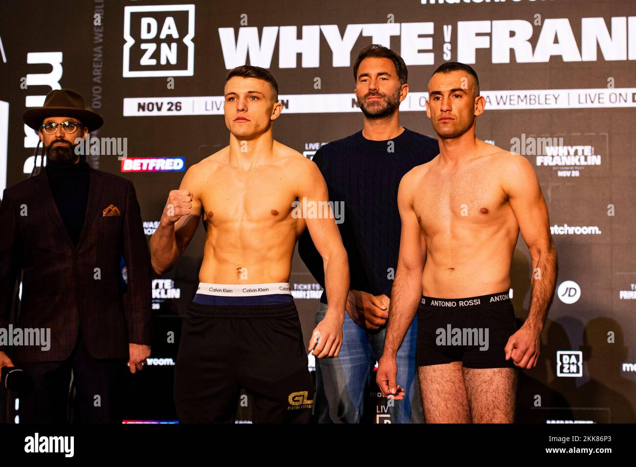 LONDON, UNITED KINGDOM. 25th Nov, 2022. George Liddard (left) and Nikola Matic (right) during Whyte vs Franklin and Undercards Public Weigh-In at The Drum Wembley on Friday, November 25, 2022 in LONDON (Editorial use only, license required for commercial use. No use in betting, games or a single club/league/player publications.) Credit: Taka G Wu/Alamy Live News Stock Photo