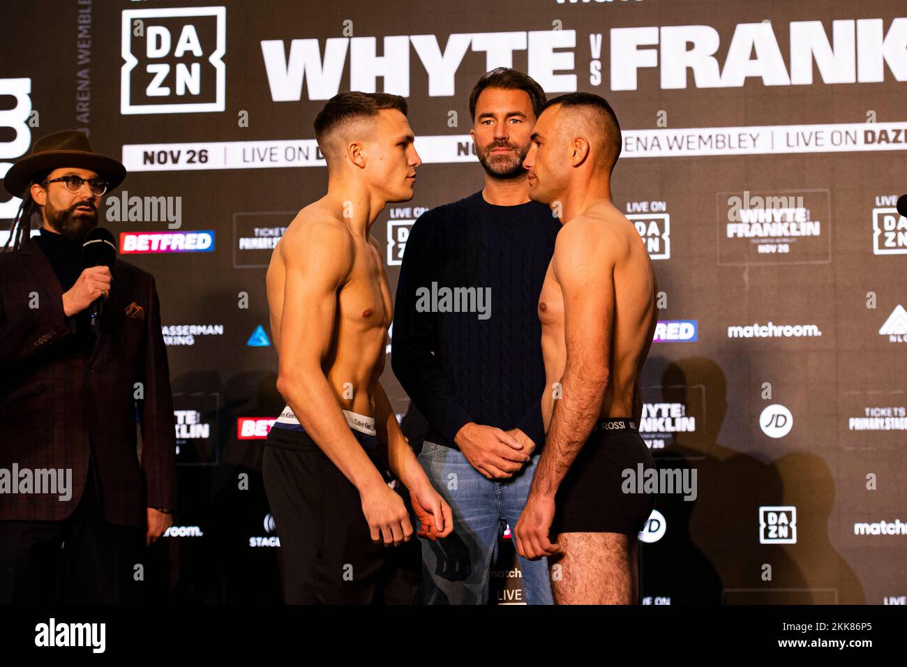 LONDON, UNITED KINGDOM. 25th Nov, 2022. George Liddard (left) and Nikola Matic (right) during Whyte vs Franklin and Undercards Public Weigh-In at The Drum Wembley on Friday, November 25, 2022 in LONDON (Editorial use only, license required for commercial use. No use in betting, games or a single club/league/player publications.) Credit: Taka G Wu/Alamy Live News Stock Photo