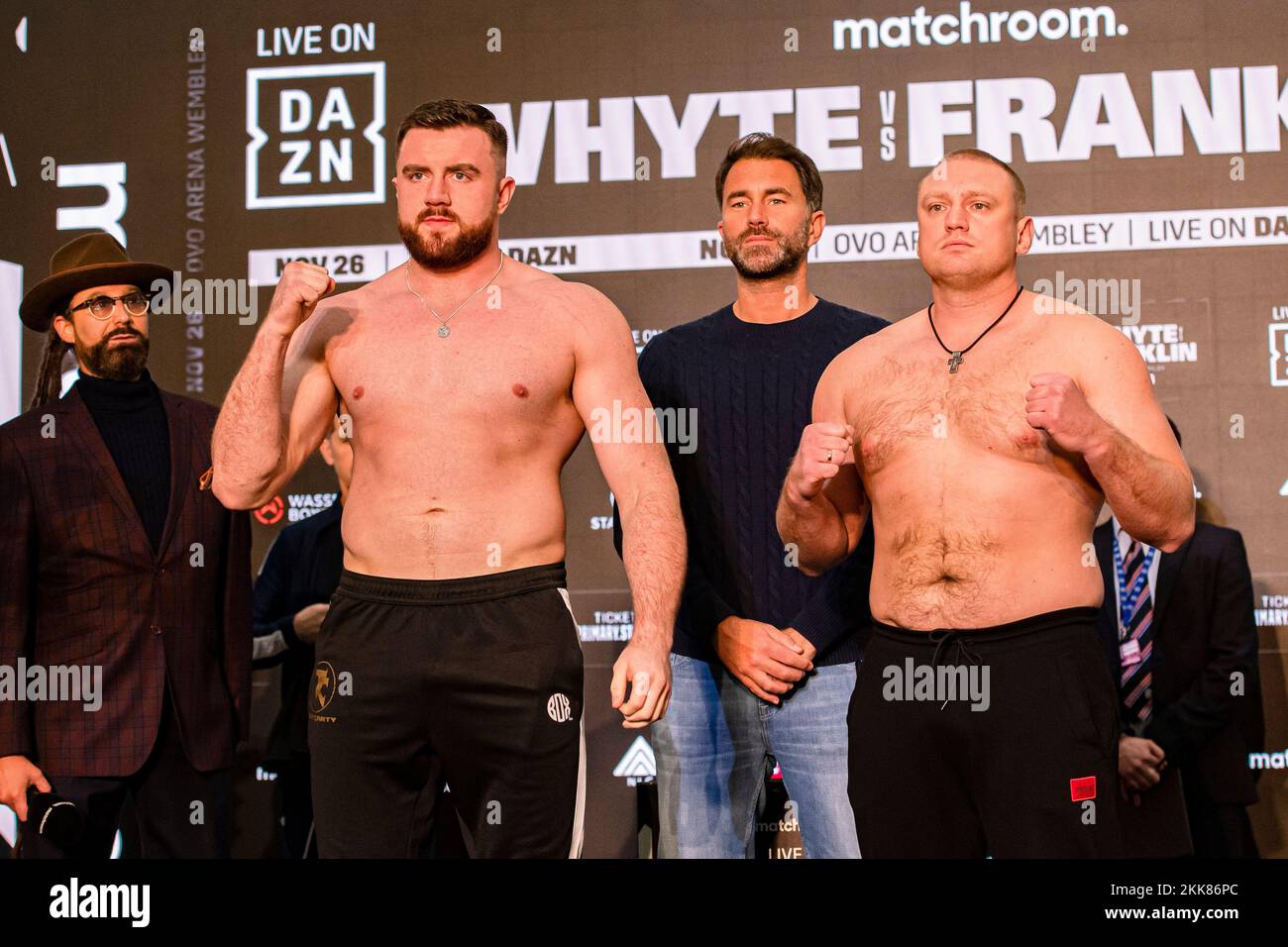 LONDON, UNITED KINGDOM. 25th Nov, 2022. Thomas Carty (left) and Pavlo Krolenko (right) during Whyte vs Franklin and Undercards Public Weigh-In at The Drum Wembley on Friday, November 25, 2022 in LONDON (Editorial use only, license required for commercial use. No use in betting, games or a single club/league/player publications.) Credit: Taka G Wu/Alamy Live News Stock Photo