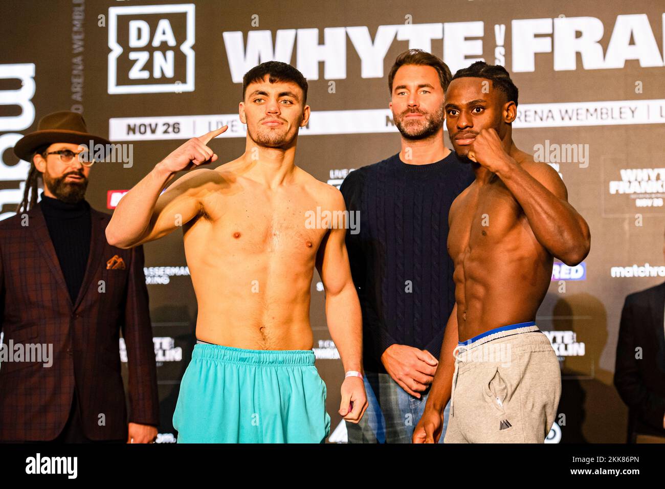 LONDON, UNITED KINGDOM. 25th Nov, 2022. Mark Dickinson (left) and Gideon Onyenani (right) during Whyte vs Franklin and Undercards Public Weigh-In at The Drum Wembley on Friday, November 25, 2022 in LONDON (Editorial use only, license required for commercial use. No use in betting, games or a single club/league/player publications.) Credit: Taka G Wu/Alamy Live News Stock Photo