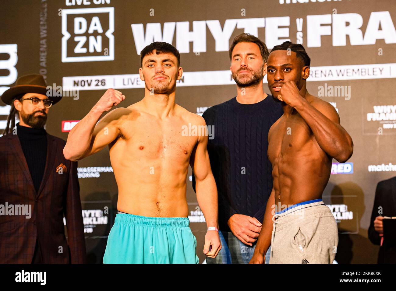 LONDON, UNITED KINGDOM. 25th Nov, 2022. Mark Dickinson (left) and Gideon Onyenani (right) during Whyte vs Franklin and Undercards Public Weigh-In at The Drum Wembley on Friday, November 25, 2022 in LONDON (Editorial use only, license required for commercial use. No use in betting, games or a single club/league/player publications.) Credit: Taka G Wu/Alamy Live News Stock Photo