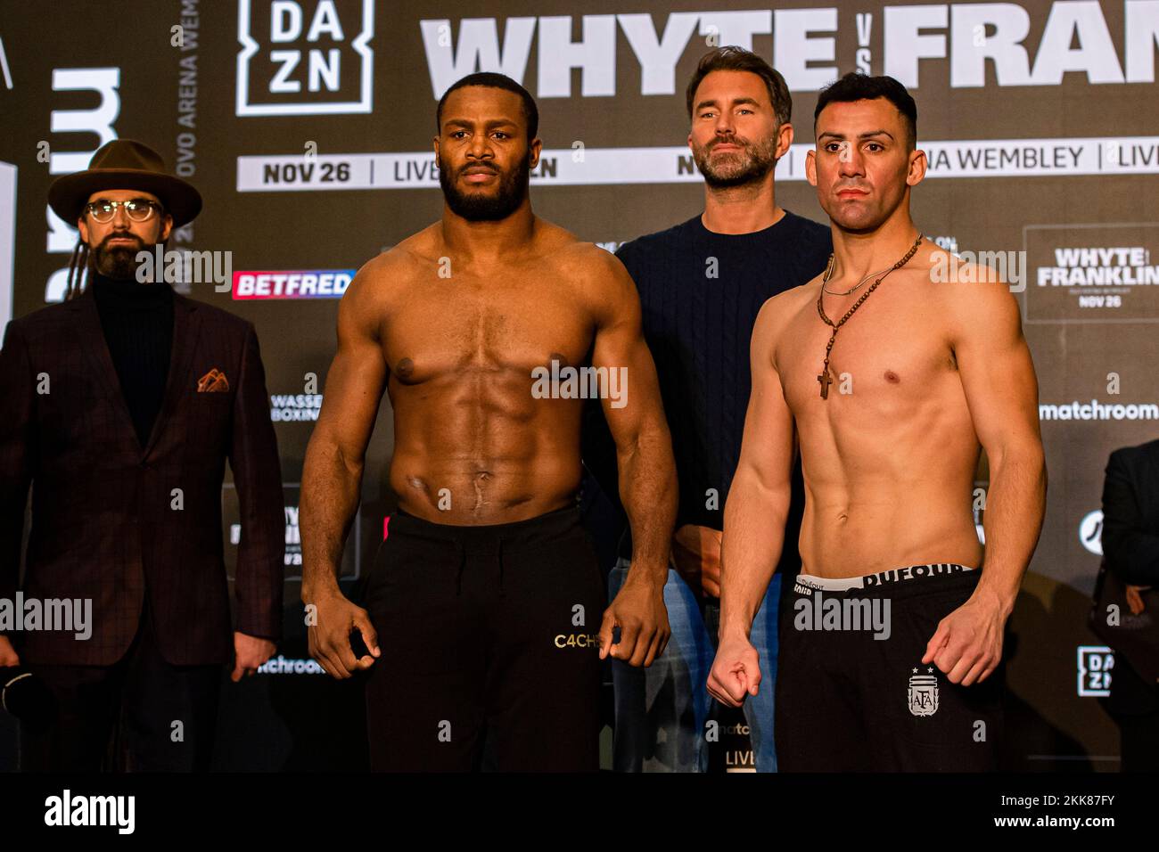 LONDON, UNITED KINGDOM. 25th Nov, 2022. Cheavon Clarke (left) and Jose Gregorio Ulrich (right) during Whyte vs Franklin and Undercards Public Weigh-In at The Drum Wembley on Friday, November 25, 2022 in LONDON (Editorial use only, license required for commercial use. No use in betting, games or a single club/league/player publications.) Credit: Taka G Wu/Alamy Live News Stock Photo