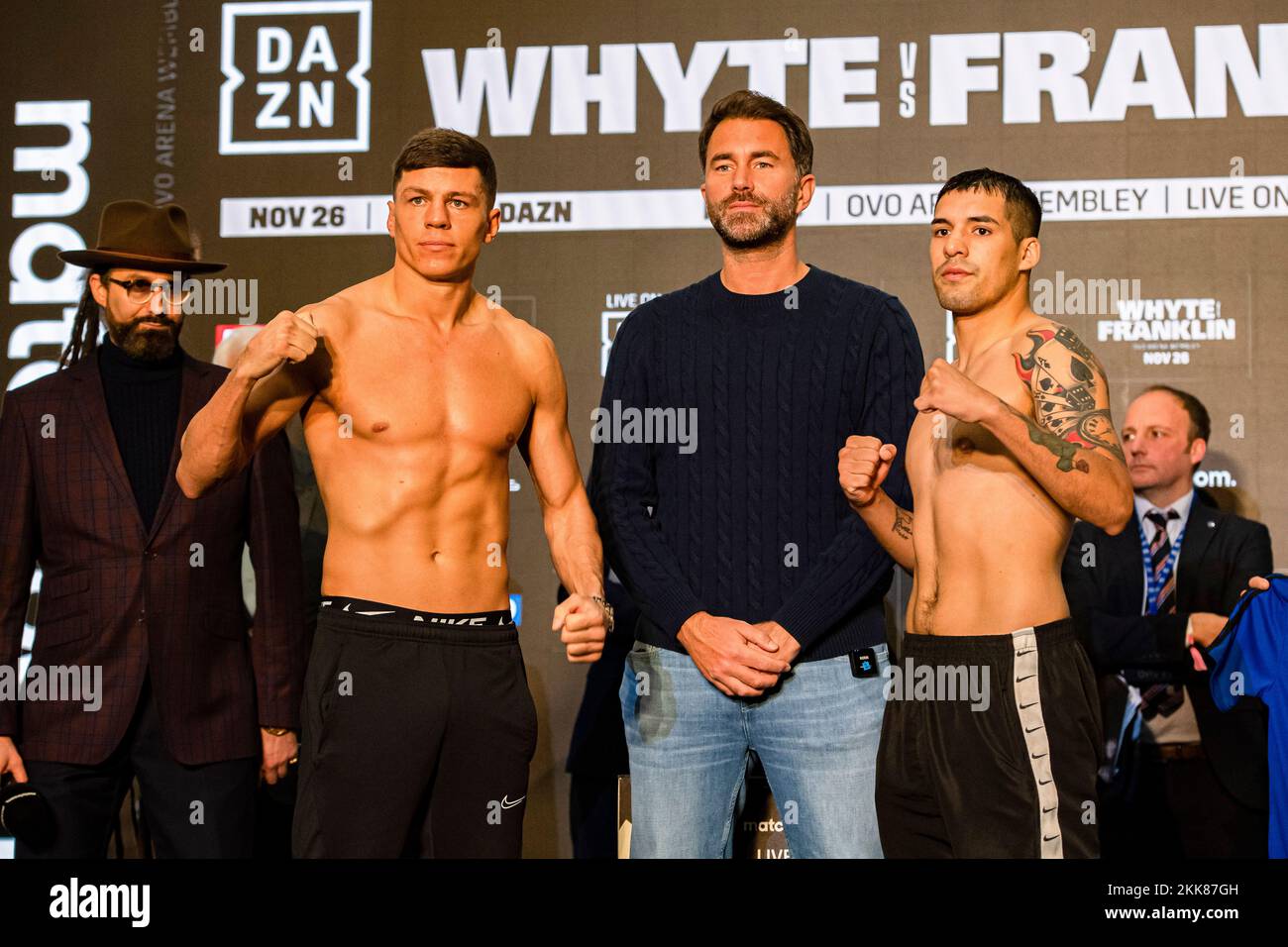 LONDON, UNITED KINGDOM. 25th Nov, 2022. Pat McCormack (left) and Christian Nicolas Andino (right) during Whyte vs Franklin and Undercards Public Weigh-In at The Drum Wembley on Friday, November 25, 2022 in LONDON (Editorial use only, license required for commercial use. No use in betting, games or a single club/league/player publications.) Credit: Taka G Wu/Alamy Live News Stock Photo