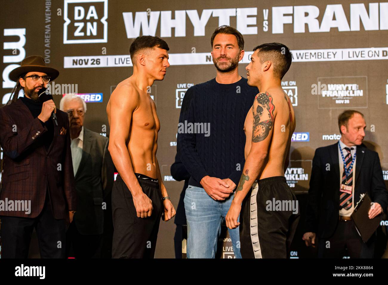 LONDON, UNITED KINGDOM. 25th Nov, 2022. Pat McCormack (left) and Christian Nicolas Andino (right) during Whyte vs Franklin and Undercards Public Weigh-In at The Drum Wembley on Friday, November 25, 2022 in LONDON (Editorial use only, license required for commercial use. No use in betting, games or a single club/league/player publications.) Credit: Taka G Wu/Alamy Live News Stock Photo