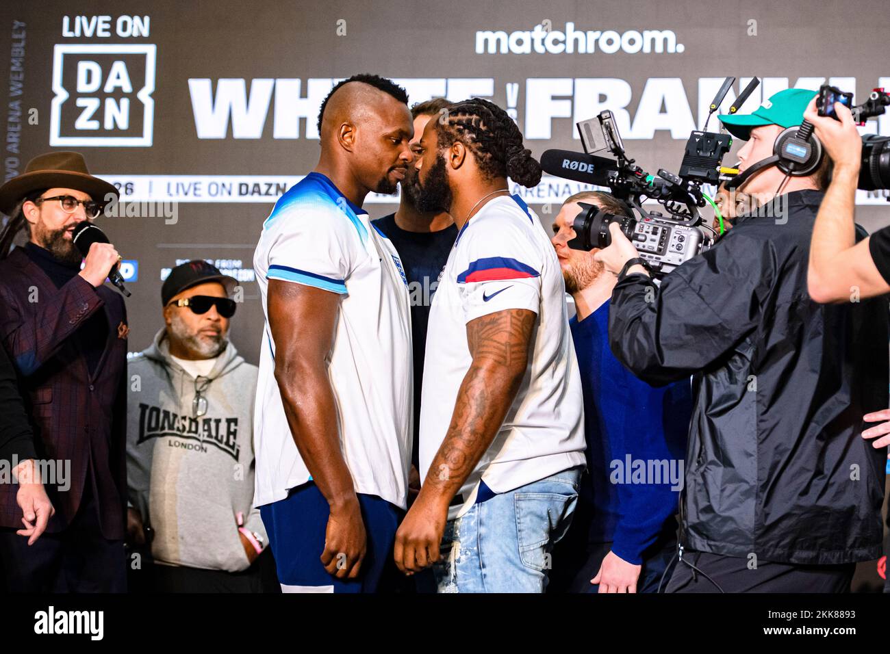 LONDON, UNITED KINGDOM. 25th Nov, 2022. Dillian Whyte (left) and Jermaine Franklin (right) during Whyte vs Franklin and Undercards Public Weigh-In at The Drum Wembley on Friday, November 25, 2022 in LONDON (Editorial use only, license required for commercial use. No use in betting, games or a single club/league/player publications.) Credit: Taka G Wu/Alamy Live News Stock Photo