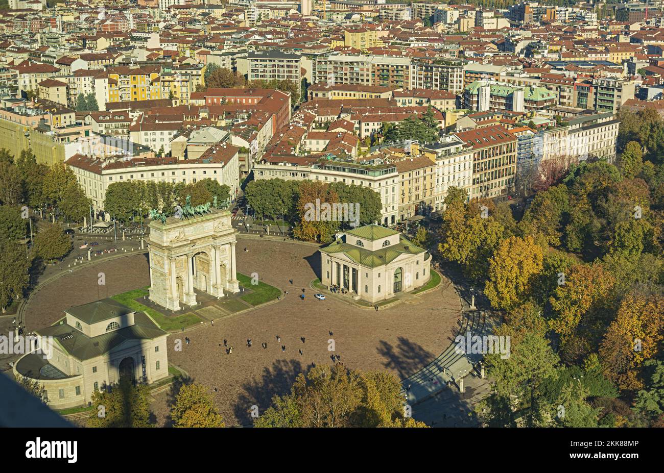 milano arco della pace skiline dalla terrazza a vetri della torre branca 5 Stock Photo