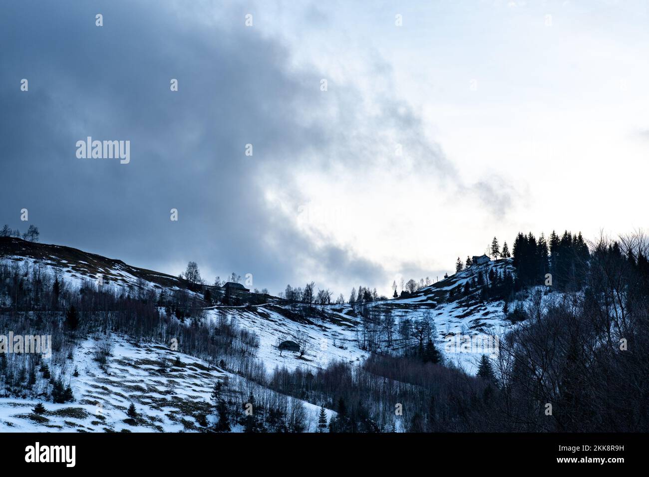 Carpathian, Romania, 2021-12-28. Beautiful romanian landascape under the snow. Stock Photo