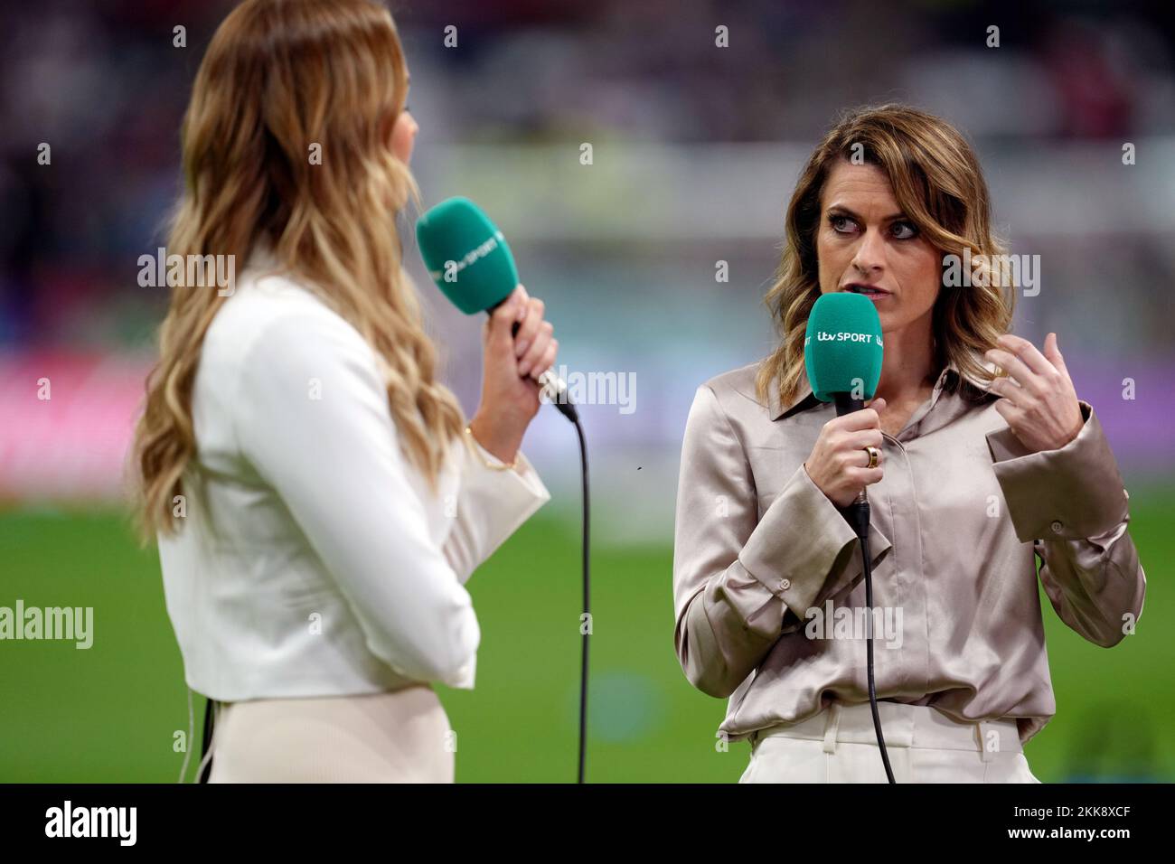 ITV's Laura Woods with Karen Carney (right) ahead of the FIFA World Cup Group B match at the Al Bayt Stadium, Al Khor. Picture date: Friday November 25, 2022. Stock Photo