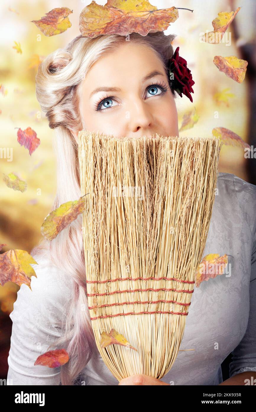 Cute Pin Up Girl In Retro Style Portrait Holding Old Broom While