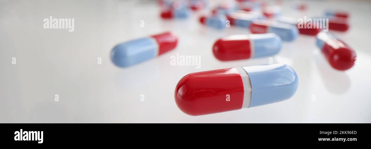 Bunch of colourful medications on tablet, pills and capsules on surface Stock Photo