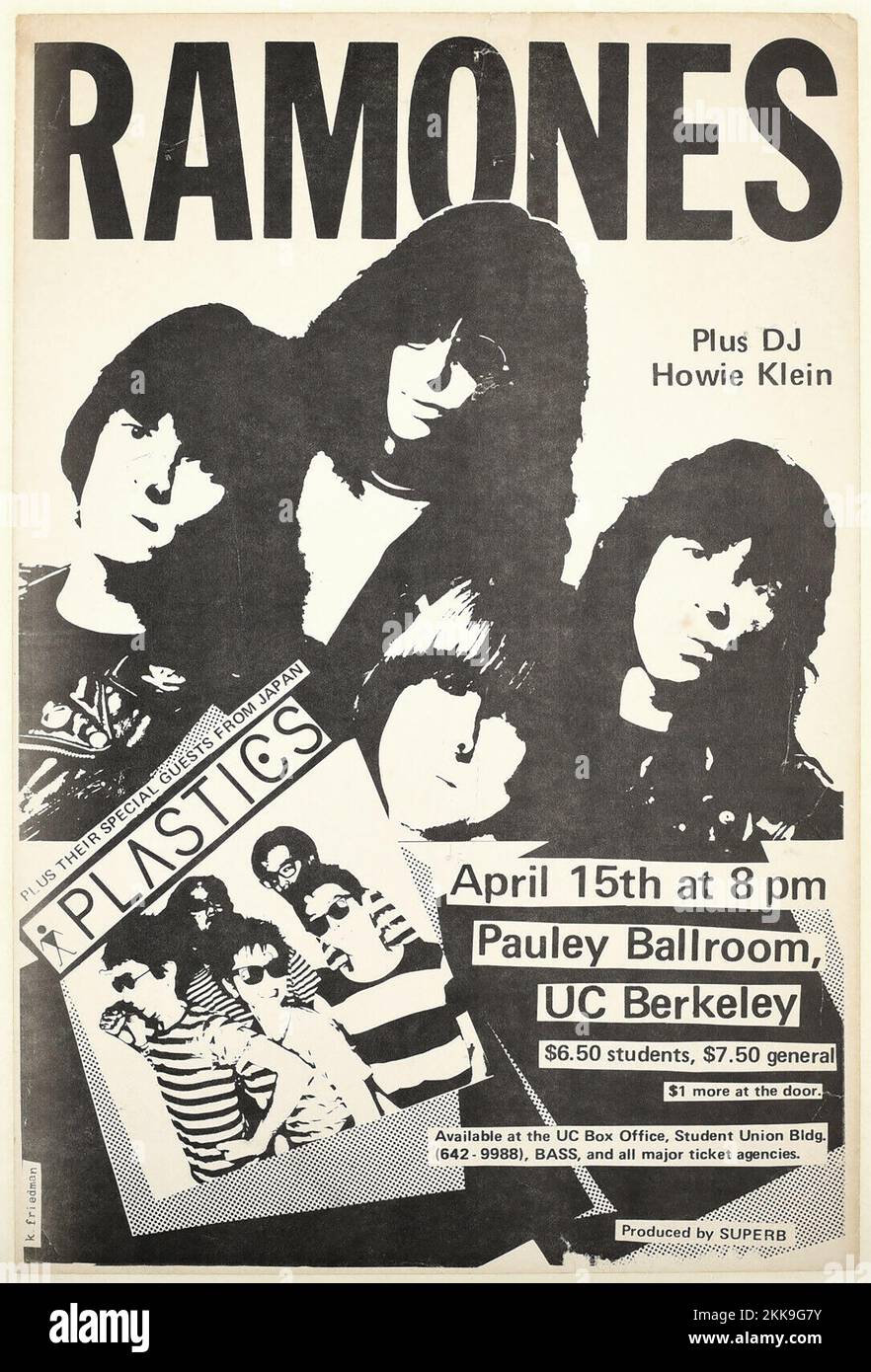 Ramones poster, 1980, Berkeley university campus, April. Cheaply printed in black on thick paper. Special guests The Plastics, from Japan. Design is very punk, cut up paper captions and text, bleached out photographs. Ramones were a seminal punk band, one of the pioneers of the music. Stock Photo