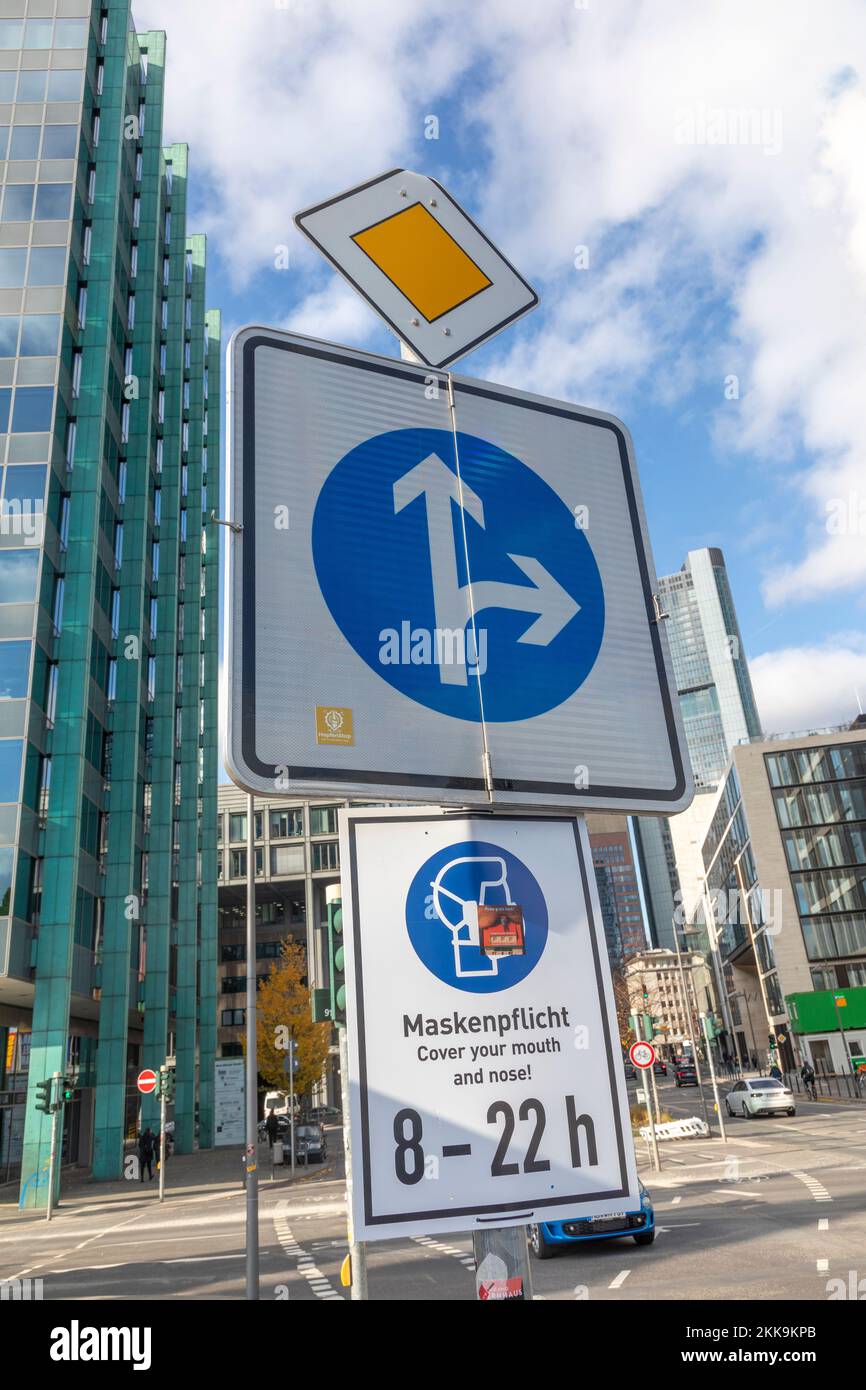 Frankfurt, Germany - October 24, 2020: signage cover your mouth and nose (Maskenpflicht) downtown Frankfurt, Germany. Stock Photo