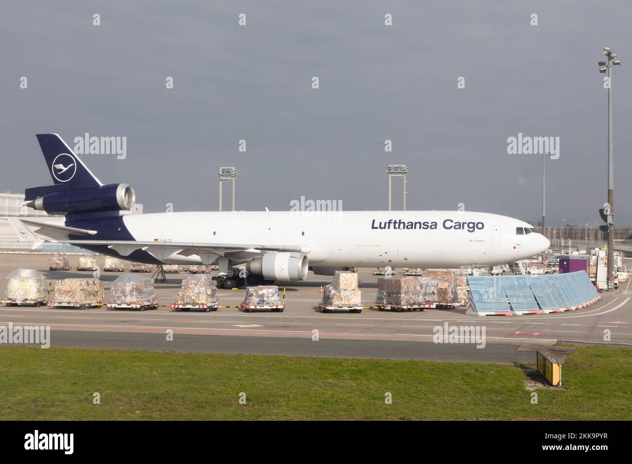 Frankfurt, Germany - March 19, 2020: Lufthansa Flight Cargo DC 10 is ready for loading at Frankfurt airport. Stock Photo