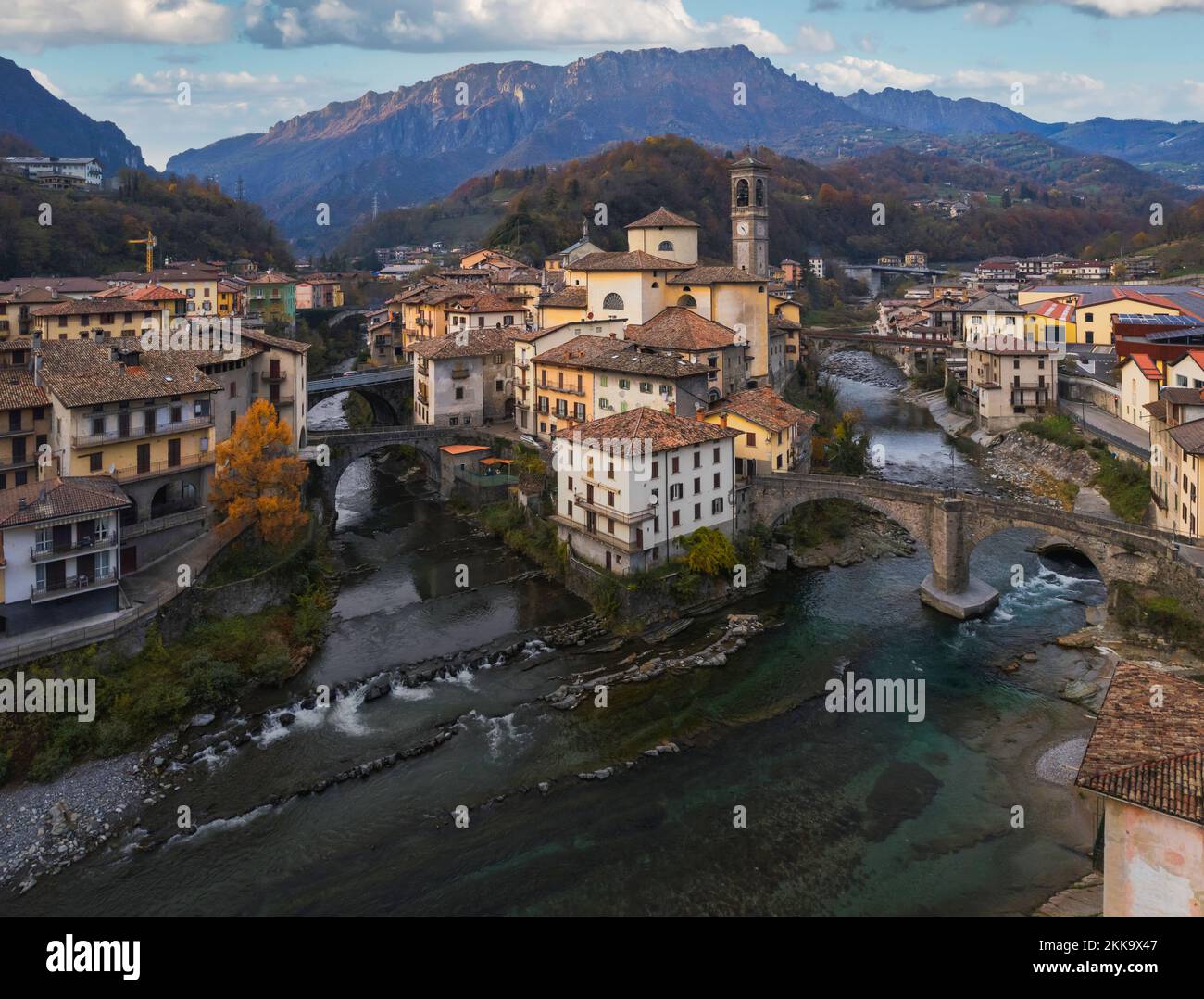 Beautiful sunset cityscape of little town in Bergamo, San Giovanni Bianco, Bergamo, Val Brembana, Lombardy, Italy Stock Photo