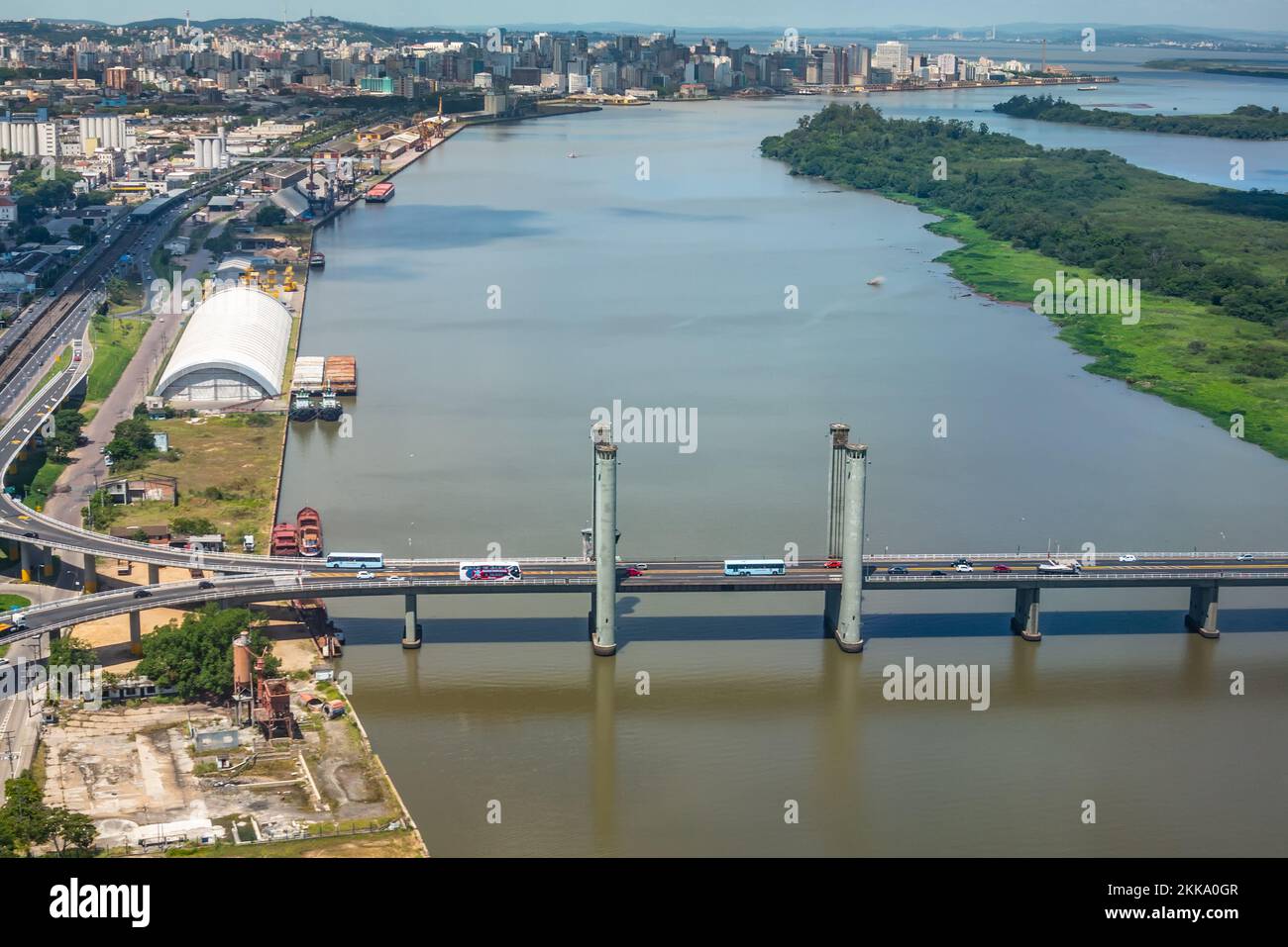 PORTO ALEGRE, BRAZIL - FEB 16, 2018: scenic aerial view of Porto Alegre, bridge Guaiba  in Brazil. Stock Photo
