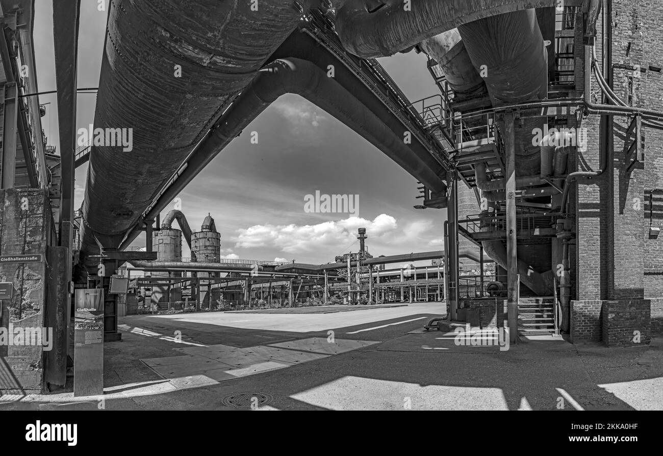 Duisburg, Germany - May 15, 2018: Disused blast furnace plant in Duisburg, Ruhr area district industry ruins called Landschaftspark. Stock Photo