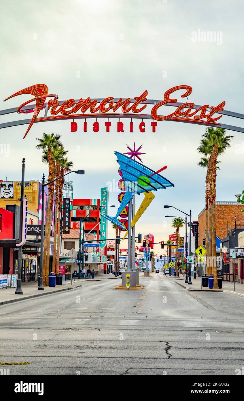 Las Vegas,  USA - March 10, 2019: entrance of fremont east with lots of old historic neon signs at the original old part  in Las Vegas. Stock Photo
