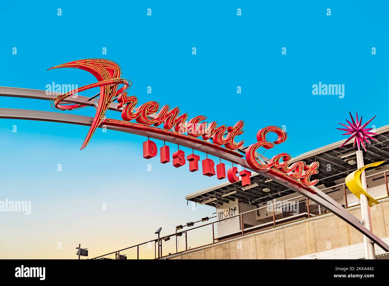 Las Vegas,  USA - March 10, 2019: entrance of fremont east with lots of old historic neon signs at the original old part  in Las Vegas. Stock Photo