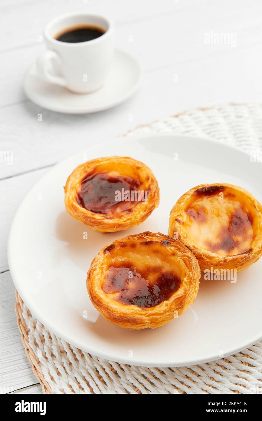 Traditional Portuguese egg tart dessert Pasteis Pastel de nata or