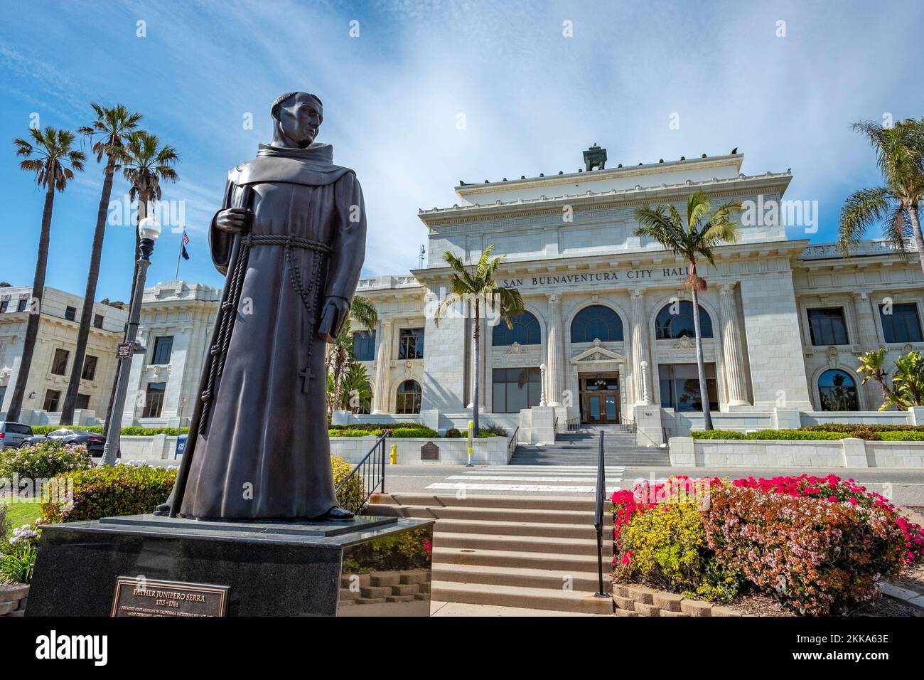 Ventura, USA - April 24, 2019: Ventura City Hall building with Father Junipero Serra statue in front, USA. Stock Photo