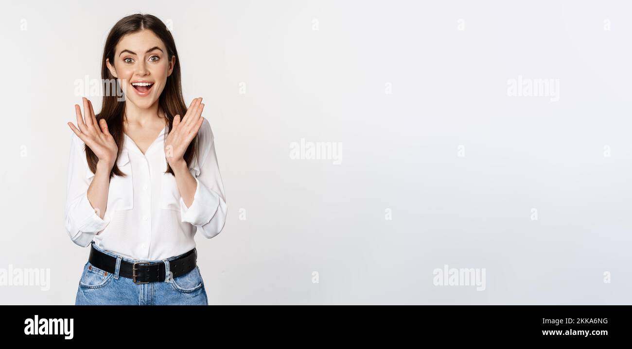 Enthusiastic Laughing Woman Smiling Amused Clapping Hands Applausing Standing In Formal