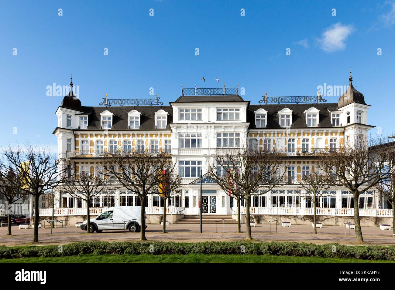 Ahlbeck, Germany - April 15, 2014: famous historic haus Ahlbecker Hof at the promenade of Ahlbeck. Stock Photo