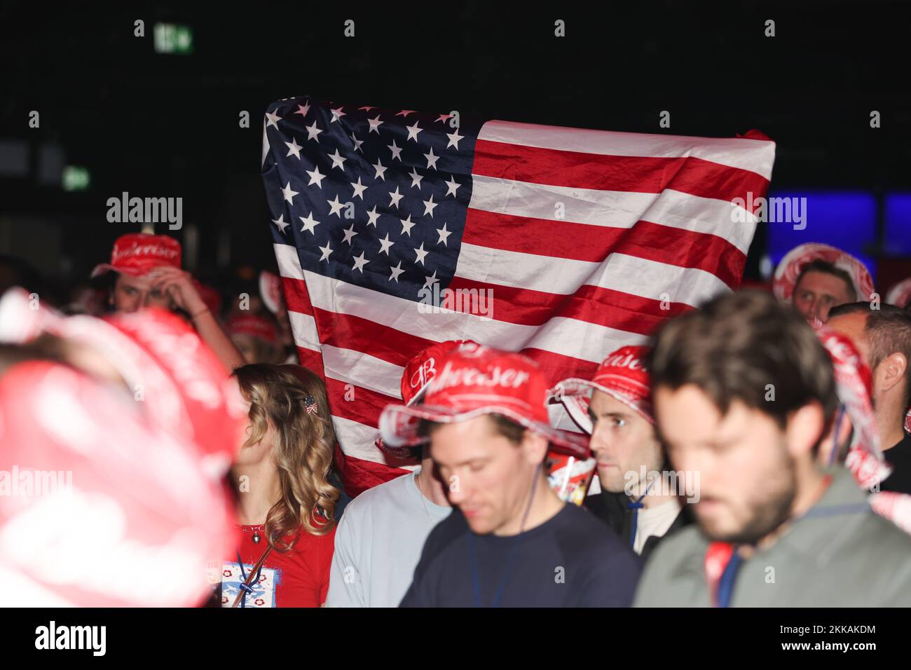 USA fans hold up a flag at the Budweiser Fan Festival London at during a screening of