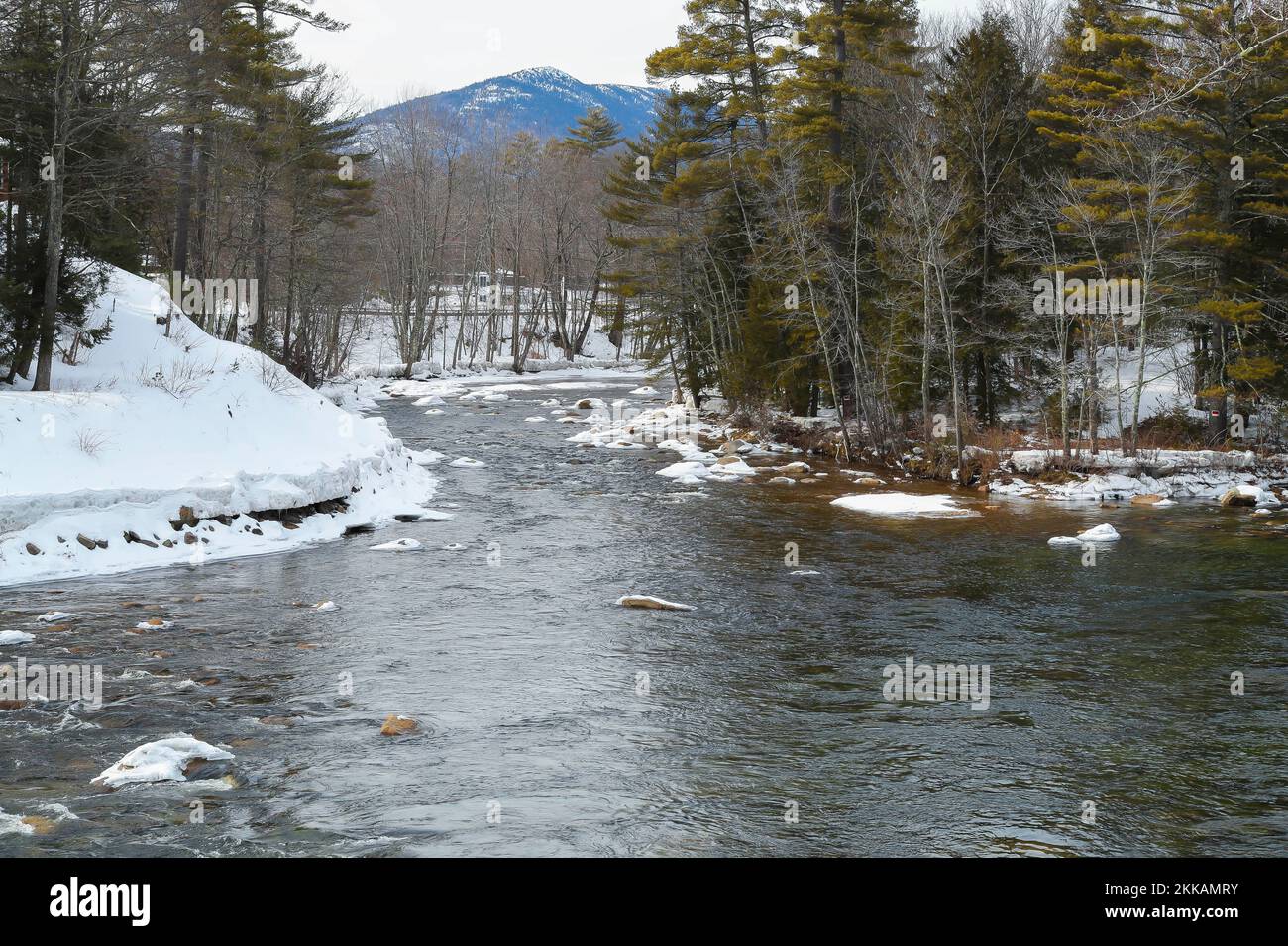 This river is a scenic river that flows from Saco Lake in Crawford Notch State Park down into Maine, and out to the Atlantic Ocean. The upper section Stock Photo