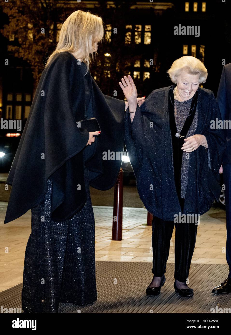 AMSTERDAM - Queen Maxima and Princess Beatrix arrive at the Concertgebouw. They visit a concert by the Royal Concertgebouw Orchestra, conducted by the 26-year-old future chief conductor Klaus Makela. Queen Maxima is the patroness of the orchestra. ANP ROBIN UTRECHT netherlands out - belgium out Stock Photo