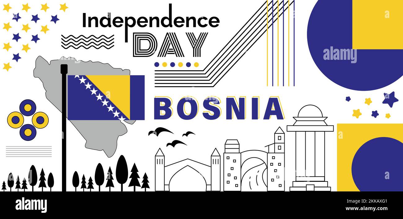 Bosnia and Herzegovina independence, national day banner, poster, cover with famous buildings. flag of Bosnia and Herzegovina with map, shapes vector Stock Vector