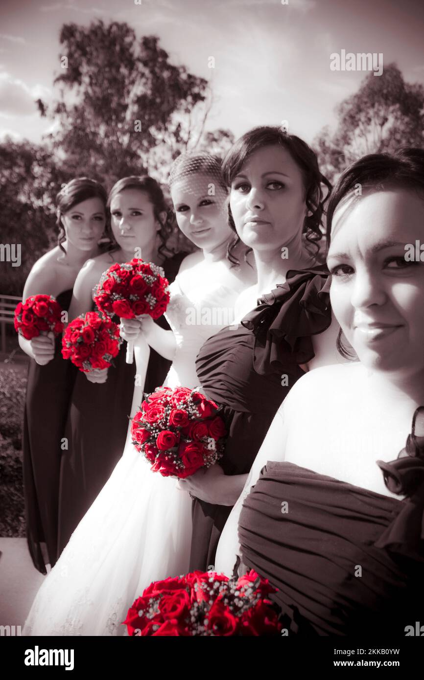 Black And White Photo Of Young Bride And Bridesmaids Carrying Beautiful And Bright Red Rose