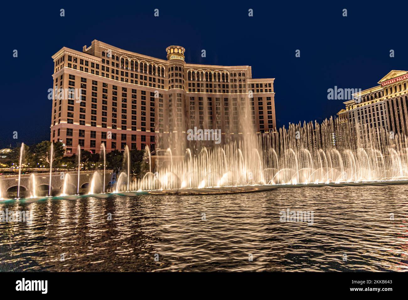 Las Vegas, USA - July 17, 2008:  Las Vegas Bellagio Hotel Casino, featured with its world famous fountain show, at night with fountains  in Las Vegas, Stock Photo