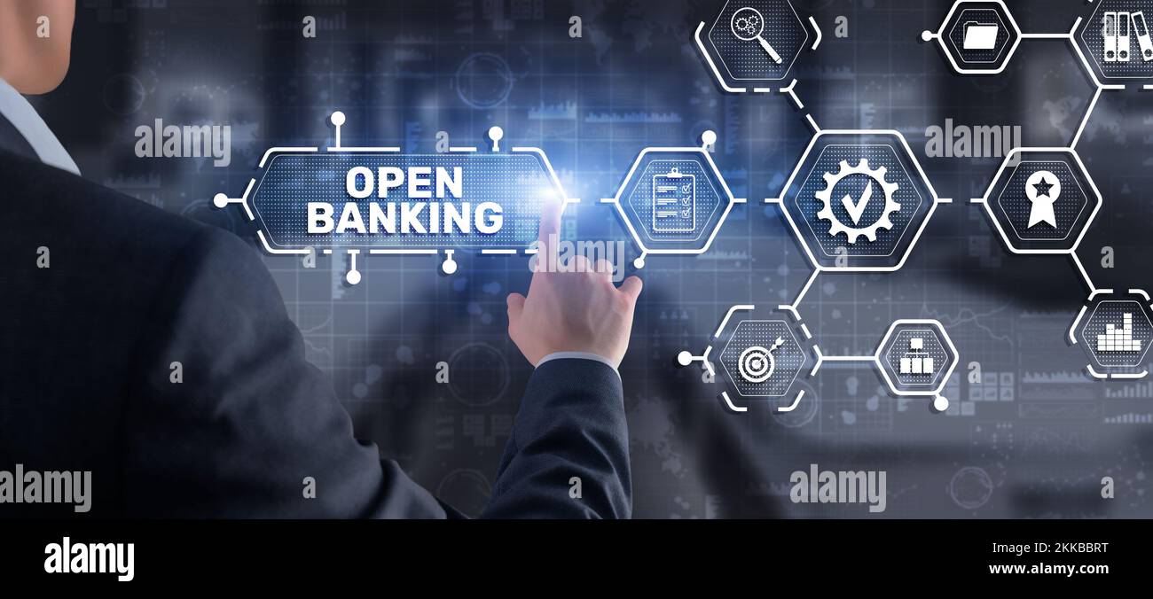 Open Banking Online Finance Concept. Man clicks on a virtual screen inscription. Stock Photo