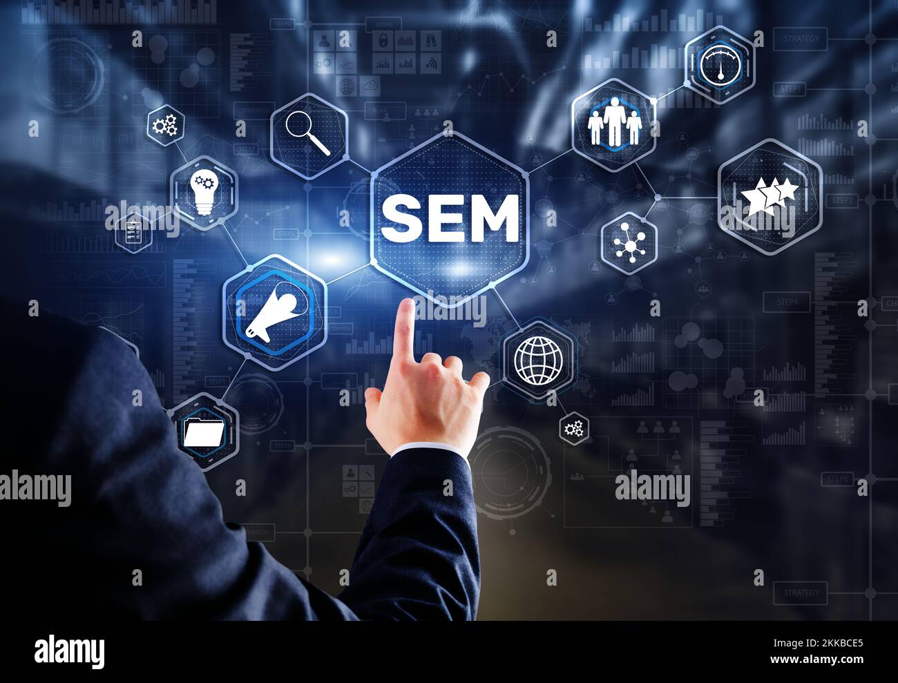 SEM Search Engine Optimization Marketing Ranking Traffic Website Technology Communication Concept. Stock Photo