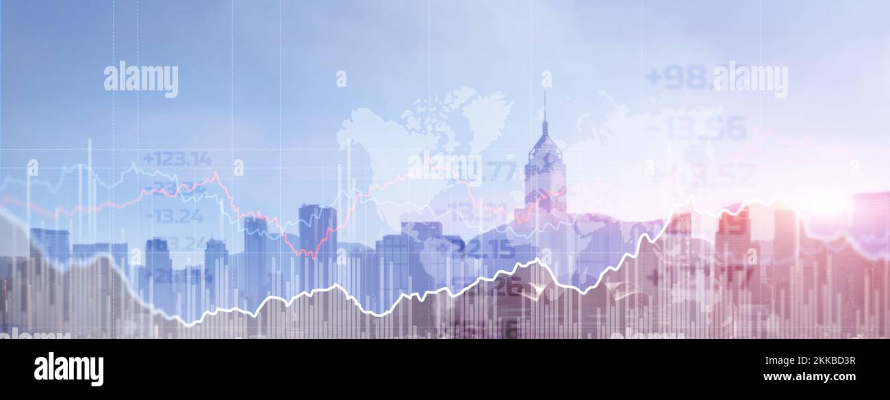 Double explosure with businesss charts and financial district of megapolis. Stock Photo