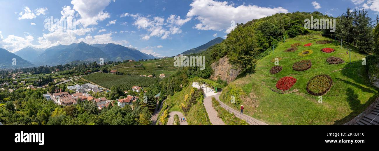 Meran, Province Bolzano/Italy - August 5, 2019: scenic garden and panoramic view located in, Die Gaerten von Schloss Trauttmansdorff, South Tyrol, Ita Stock Photo