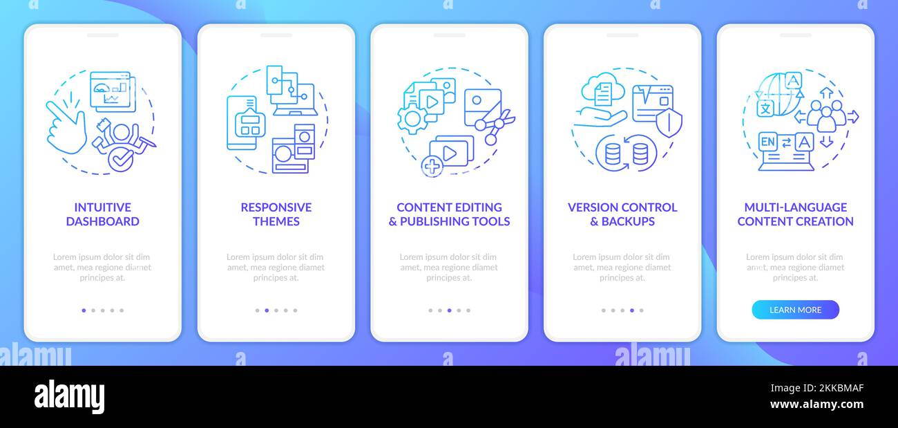 Content management system benefits blue gradient onboarding mobile app ...