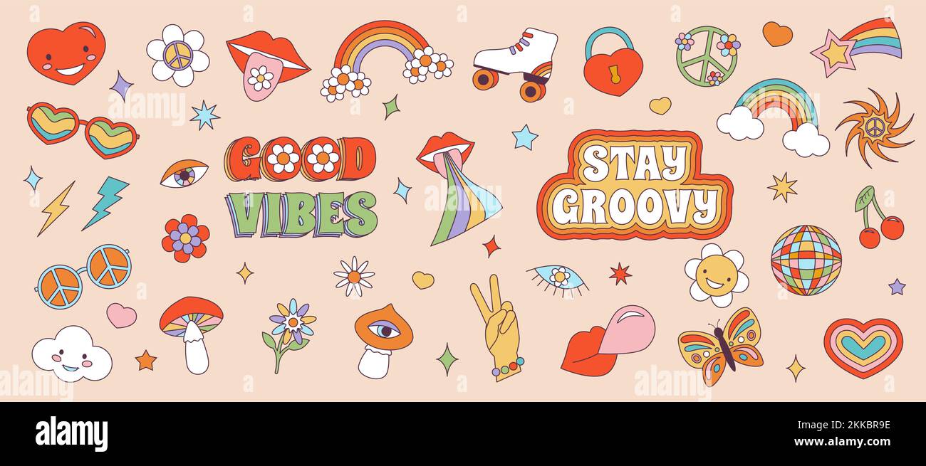 Retro 70s Groovy Hippie sticker set. Psychedelic cartoon elements ...
