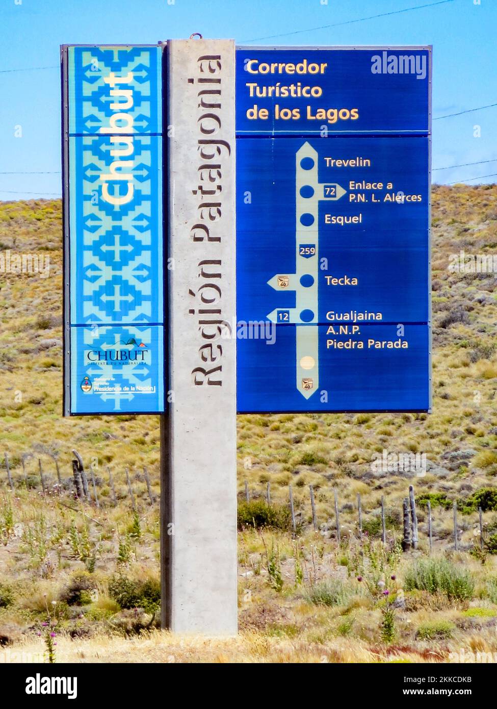 Chubut, Chile - February 2, 2018: Route 71 to the famous Lagos lake district 'Corredor Touristico de los Lagos', in Chubut Stock Photo