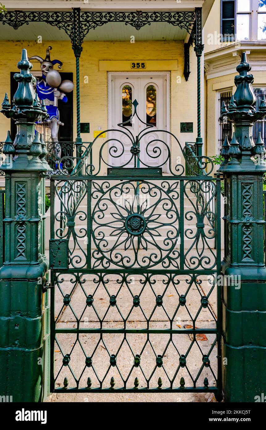 An ornate wrought iron gate leads to Mobile Carnival Museum, Nov. 20, 2022, in Mobile, Alabama. Mobile Carnival Museum opened in 2005. Stock Photo